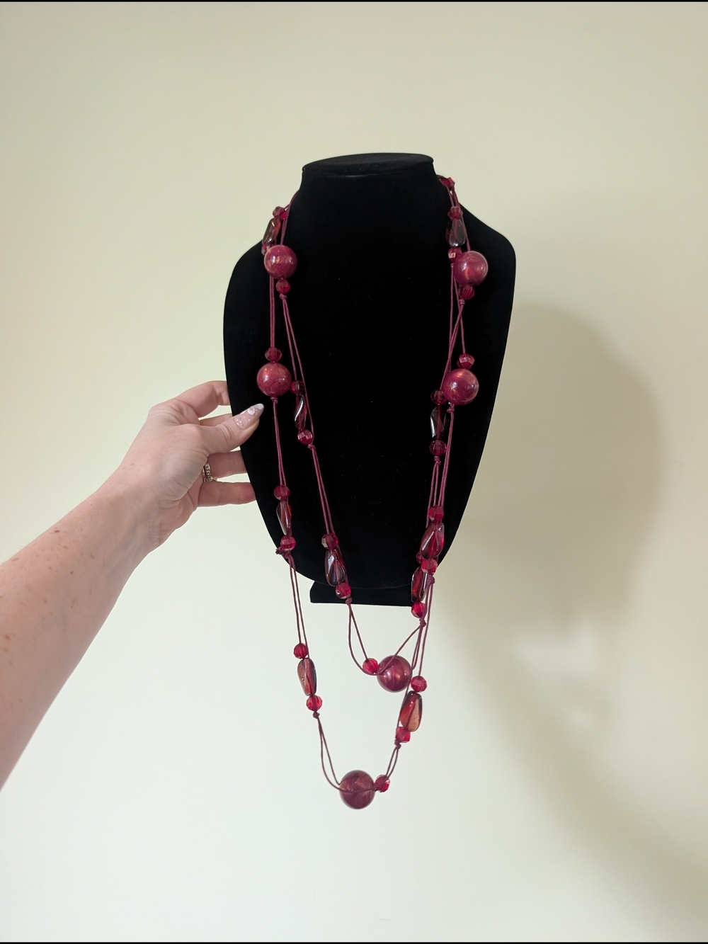Long Multistrand Burgundy Bead Lucite  Necklace - Women